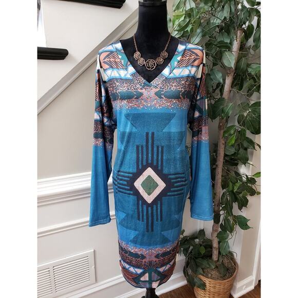 A-Line Dress Women's 2XL Blue Geo Print Stretch Long Sleeve V Neck Side Pockets - Picture 1 of 13